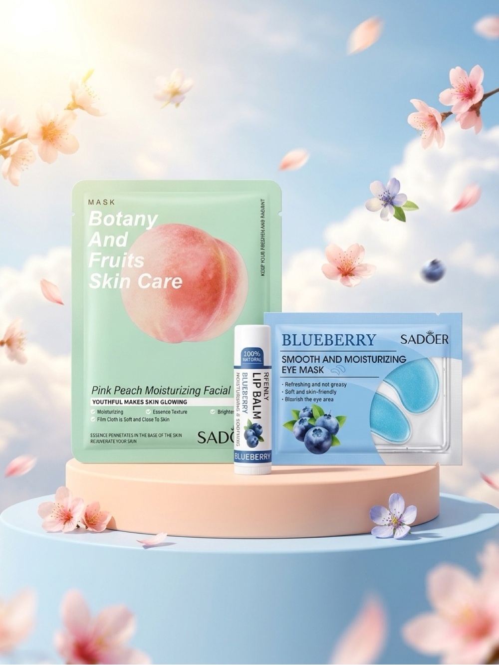 Pink Peach Moisturizing Facial Mask & Blueberry Eye Mask Set - Pink Peach & Blue